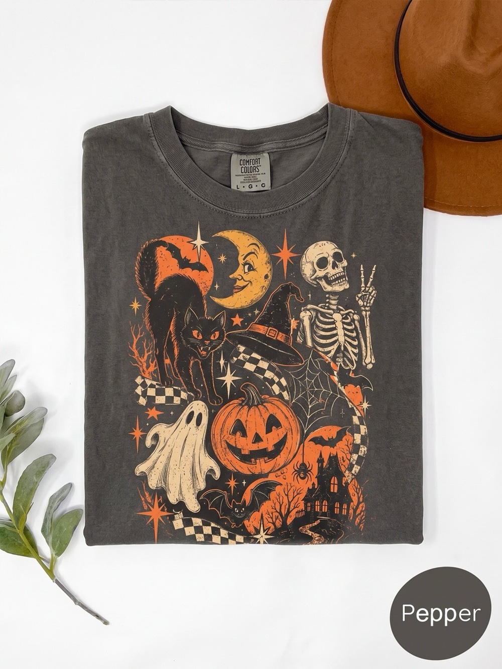 Halloween Spooky Cat Skeleton Ghost Comfort Colors Pepper T-Shirt